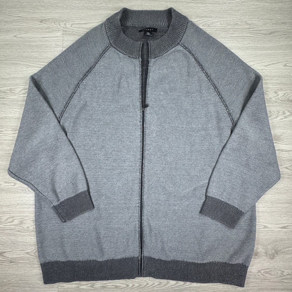 SYNRGY Men's Full Zip Cardigan Sweater Gray 5XLT Cotton Mock Neck Raglan Sleeves